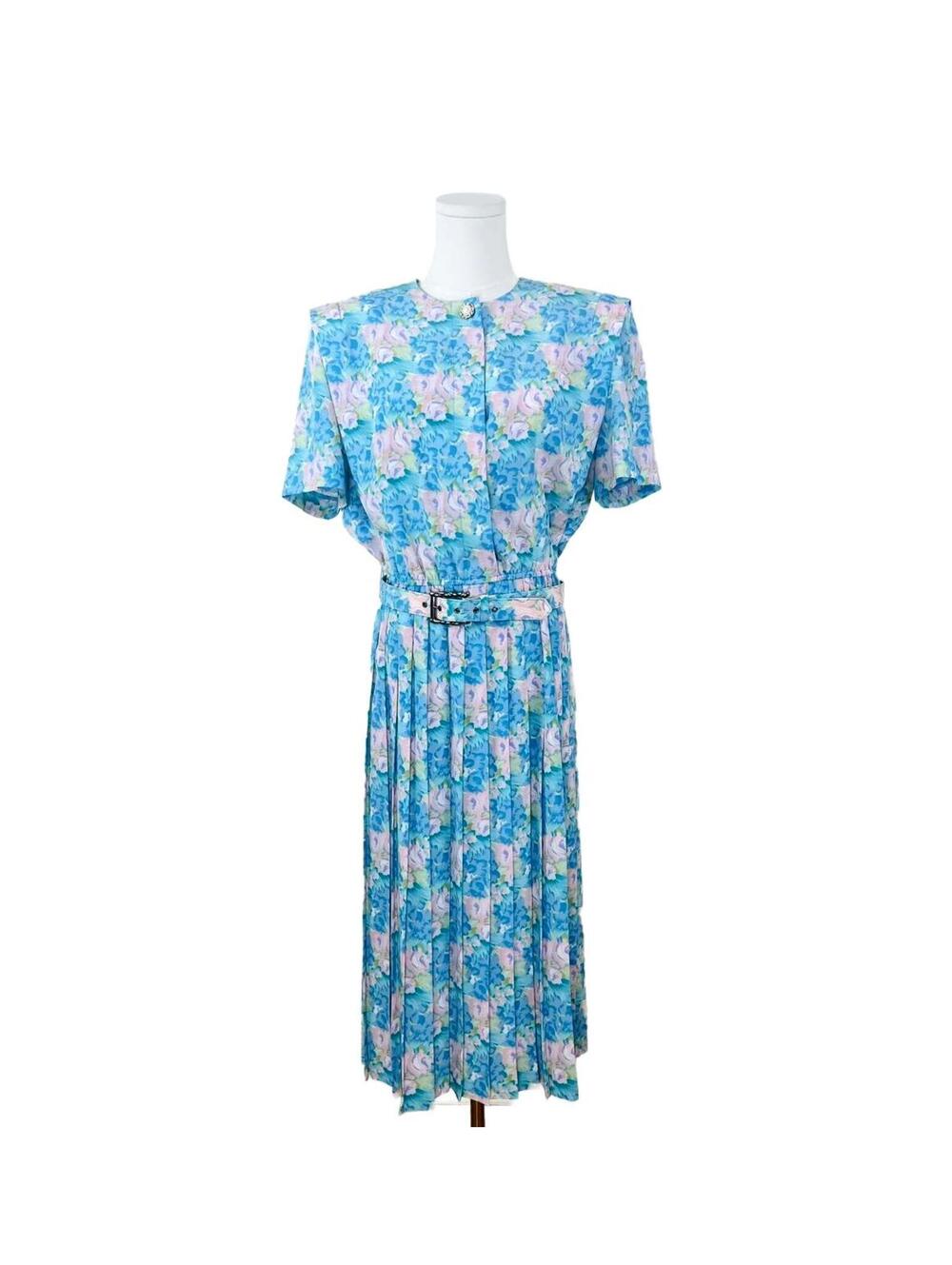 Vintage Leslie Fay Pastel Floral Belted Pleated Midi Dress Size 10